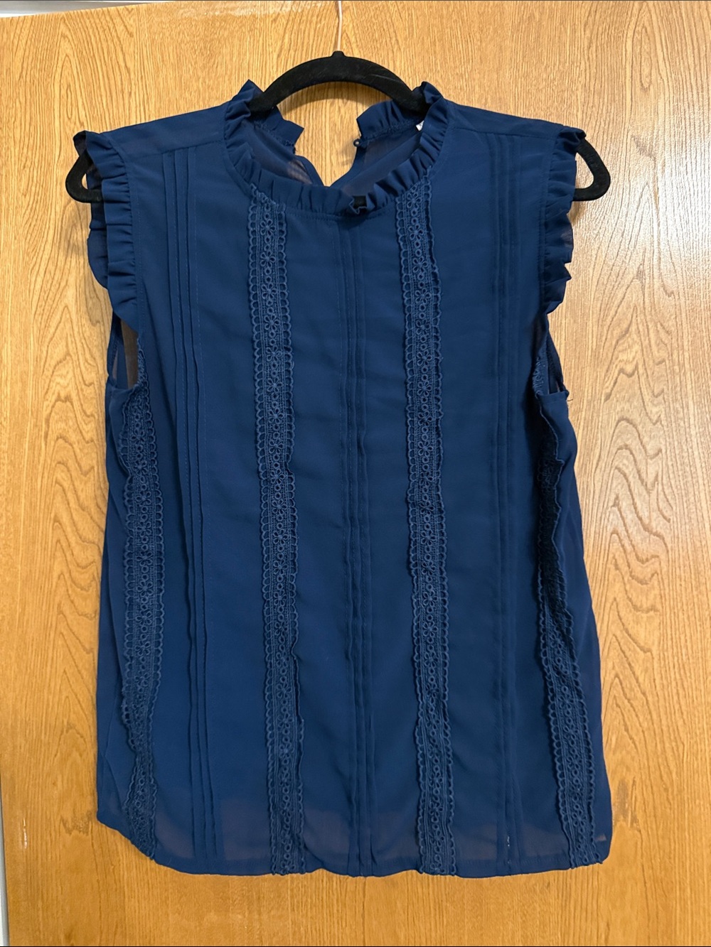 Navy Ruffle Lace-Trim Sleeveless Blouse